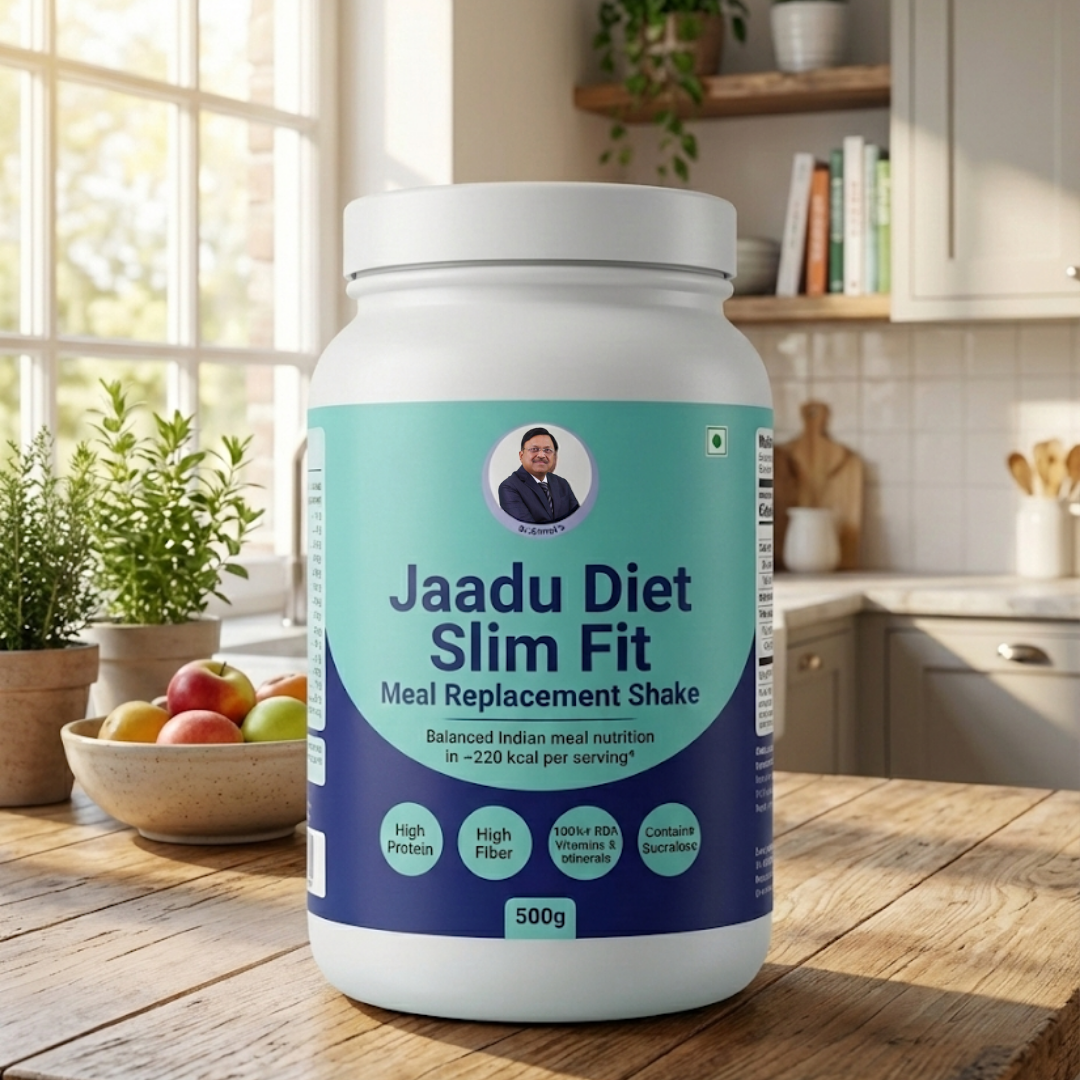 Jaadu Diet Slim Fit Meal Replacement Shake delivers the nutrition of a balanced Indian meal in just 200–300 calories, with more protein, fiber, and 100%+ RDA vitamins and minerals than typical 700–1200 calorie meals—developed by Dr. Bimal Chhajer, | 1