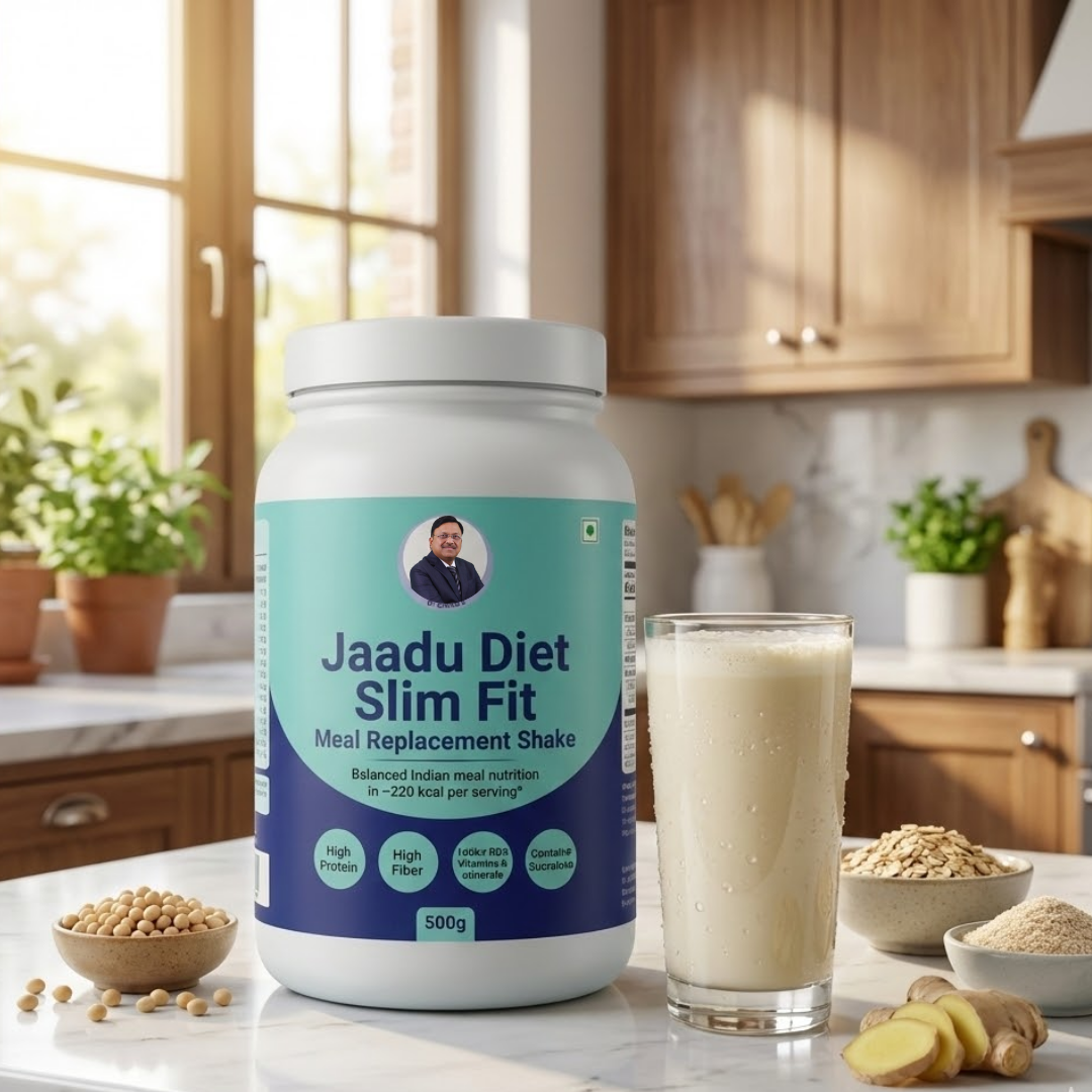 Jaadu Diet Slim Fit Meal Replacement Shake delivers the nutrition of a balanced Indian meal in just 200–300 calories, with more protein, fiber, and 100%+ RDA vitamins and minerals than typical 700–1200 calorie meals—developed by Dr. Bimal Chhajer, | 1