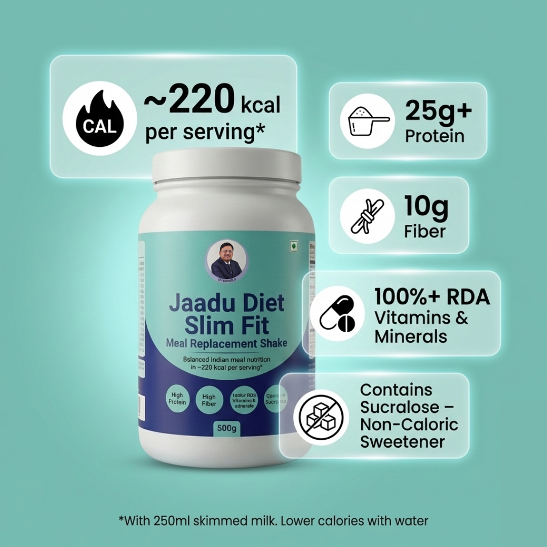 Jaadu Diet Slim Fit Meal Replacement Shake delivers the nutrition of a balanced Indian meal in just 200–300 calories, with more protein, fiber, and 100%+ RDA vitamins and minerals than typical 700–1200 calorie meals—developed by Dr. Bimal Chhajer,  | 1