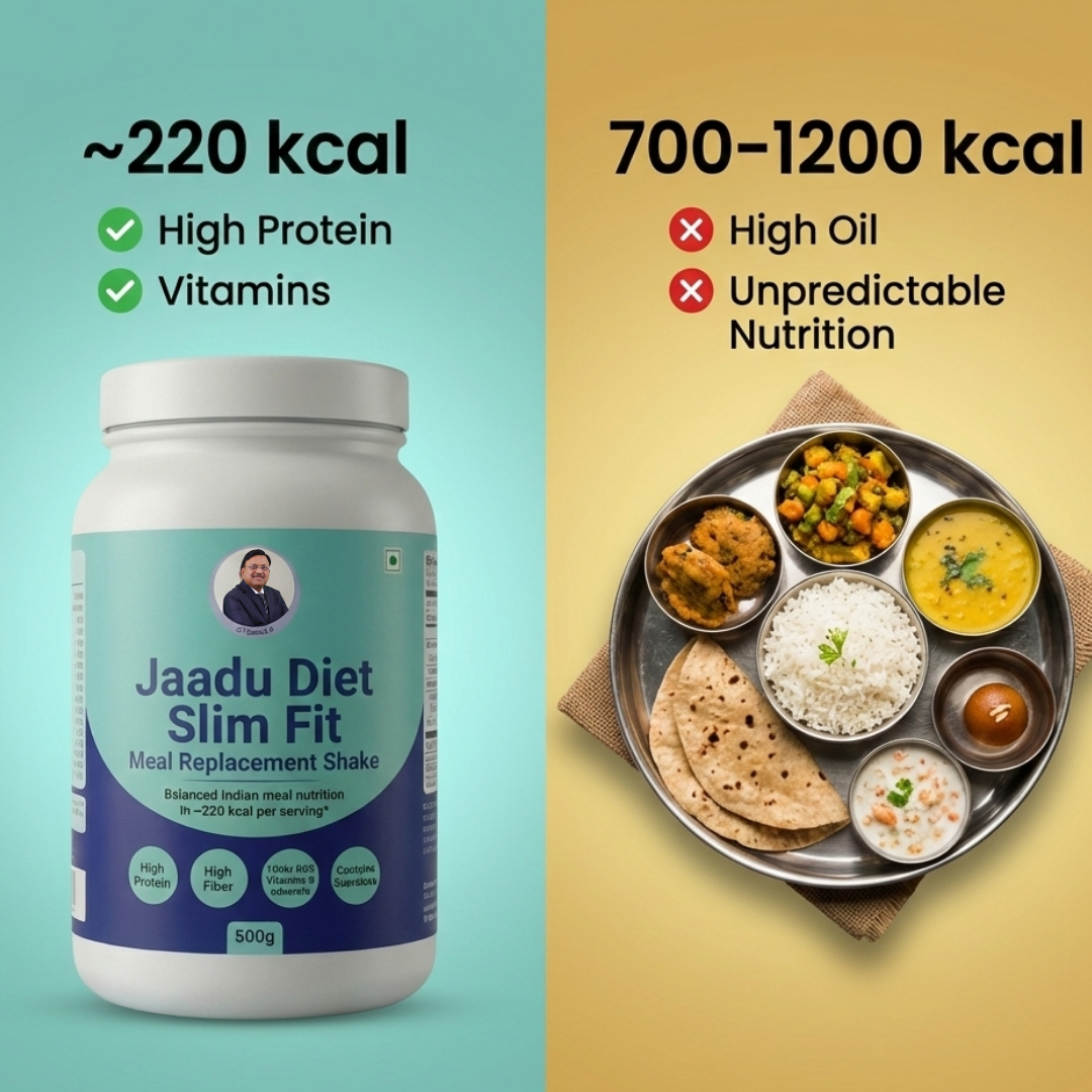 Jaadu Diet Slim Fit Meal Replacement Shake delivers the nutrition of a balanced Indian meal in just 200–300 calories, with more protein, fiber, and 100%+ RDA vitamins and minerals than typical 700–1200 calorie meals—developed by Dr. Bimal Chhajer,  | 1