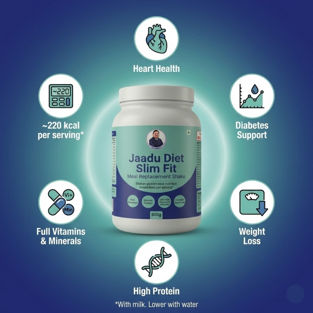Jaadu Diet Slim Fit Meal Replacement Shake delivers the nutrition of a balanced Indian meal in just 200–300 calories, with more protein, fiber, and 100%+ RDA vitamins and minerals than typical 700–1200 calorie meals—developed by Dr. Bimal Chhajer,  | 1